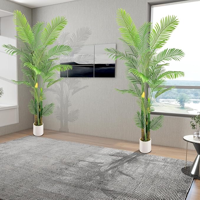 Artificial Fake Palm Tree 9FT 2Pack with White Planter & Free Moss, UV Resistant Artificial Palm Tree for Outdoors, Fake Plants for Poolside Home Room Decor, Faux Plants Outdoor Decor
