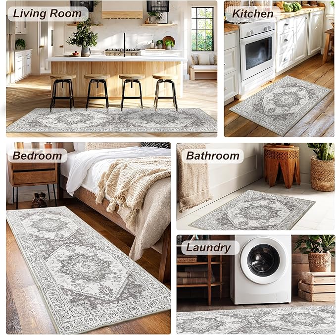 XWZO Runner Rug 2x10ft for Long Hallways, Washable Non-Slip Low Pile Area Rug with Rubber Backing, Spill Resistant Soft Vintage Floor Carpet for Kitchen Entryway Stair Landing Living Room, Grey