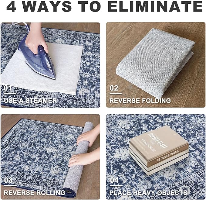 KILOCOCO Runner for Hallway 3x12 Runner Rug Printed Vintage Floral Washable Rug Kitchen Runners Soft Non-Slip Low Pile Hallway Runners Laundry Room Distressed Boho Rugs, Blue