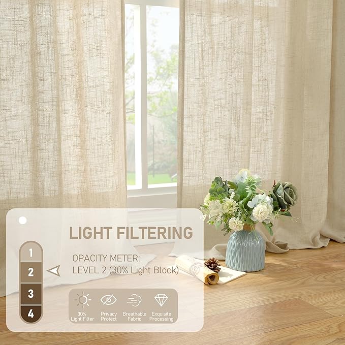 LAMIT Light Filtering Linen Curtains 80 inches Long for Bedroom, Faux Linen Textured Semi Sheer Back Tab and Rod Pocket Burlap Boho Modern Drapes for Living Room/Farmhouse, 2 Panels, 52 x 80 Inch