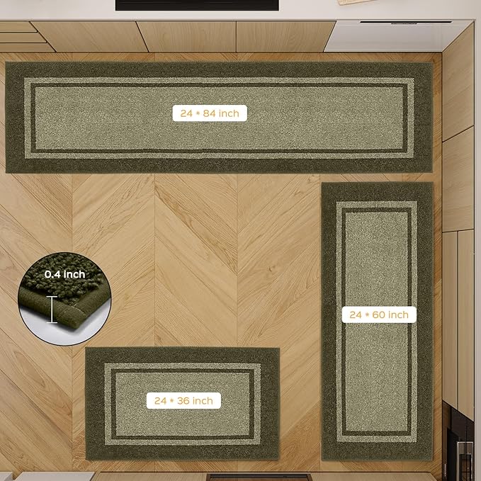 Kitchen Rugs Set (24" x 36"+24" x 60"), Non-Slip Machine Washable Kitchen Runner Rugs, Absorbent Comfort Standing Mats for Kitchen, Laundry and Hallway, Rolled Packaging, Budding Green & Sage Green