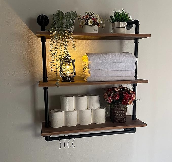 ROGMARS Industrial Floating Pipe Wall Shelves with Towel Rack,30 in Industrial Pipe Shelving Rustic Wine Hanging Display Rack Storage Shelve Wall Mounted for Living Room,Bathroom,Kitchen