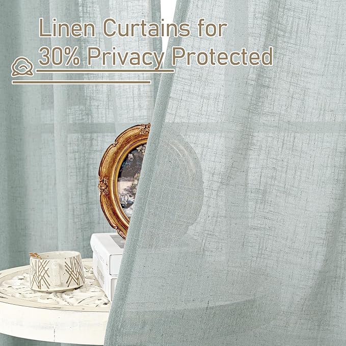 LAMIT Greyish Blue Linen Boho Curtains 80 inch Length 2 Panels, Light Filtering Semi Sheer Panels Back Tab and Rod Pocket Neutral Drapes for Bedroom/Living Room, 34 x 80 Inch
