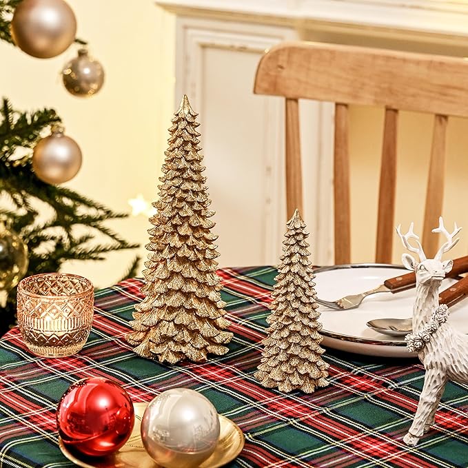 Gold Christmas Tree Figurines, 2Pcs Resin Glitter Christmas Tree for Tabletop Decoration, Small Christmas Trees Set, Decorative Xmas Trees for Christmas Mantel Indoor Home Decor