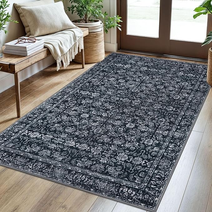 3x5 Entryway Area Rug Black Washable Soft Distressed Floral Rugs, Non-Slip Low-Pile Vintage Neutral Carpet for Entryway Nursery Bedroom Dining Dorm Living Room