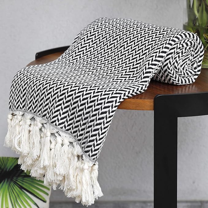 Peshtemania Premium Cotton Light Weight Boho Throw Blanket 50”x60” Gray Black and Off White for Bed Chair Couch Farmhouse Turkish Throws for Sofa Bedroom Outdoor Fall Throw Blanket Yoga Blanket