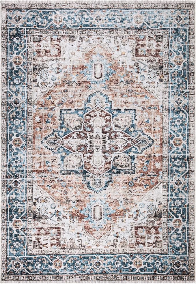 Bloom Rugs Caria Washable Non-Slip 9x12 Rug - Terracotta/Blue Traditional Area Rug for Living Room, Bedroom, Dining Room, and Kitchen - Exact Size: 9' x 12'