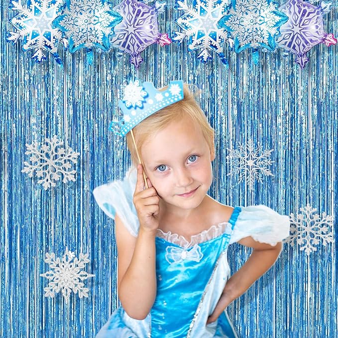 BRAVESHINE Light Blue Tinsel Foil Fringe Curtains - 2Pcs 3.2x8.2 ft Metallic Holiday Streamers Backdrop for Christmas/Winter’s Snowflake/Frozen/Birthdays/Mermaid/Bachelorette/Engagement Party Decor
