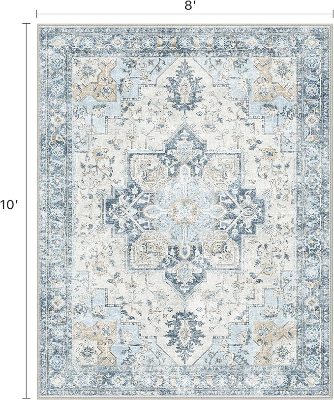 8x10 Area Rugs for Living Room, Machine Washable Non Slip Vintage Rugs, Low Pile Lightweigt Chenille Print Indoor Rug for Bedroom, Dining Room, Home Office, Blue