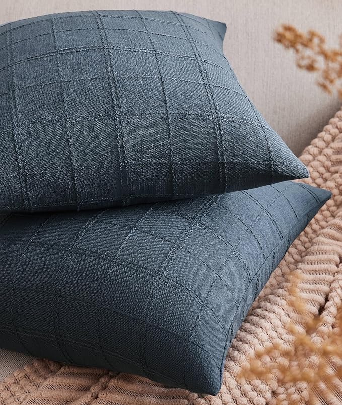 ZeeMart Linen Checked Throw Pillow Covers Set of 2, 24x24 Inch Allover Grid Navy, Farmhouse Decorative Double Sided Grid Embroidered Couch Pillow Cases Navy Cotton Linen Cushion Covers