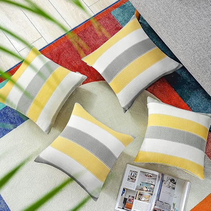 AmHoo Pack of 2 Farmhouse Stripe Check Throw Pillow Covers Set Case Cotton Linen Decorative Pillowcases Cushion Cover for Couch Bench Sofa 20x20Inch Yellow Beige