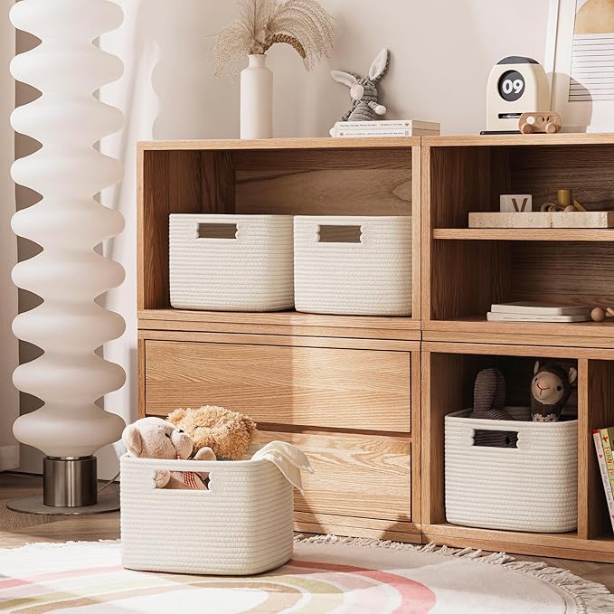 UBBCARE Storage Cubes 4 Pack, 11x 11x 7.8 Cube Storage Bin with Handles, Cotton Rope Baskets for Organizing, Woven Baskets for Shelf, Baby Nursery, Toy Storage, Closet, Classroom, Beige