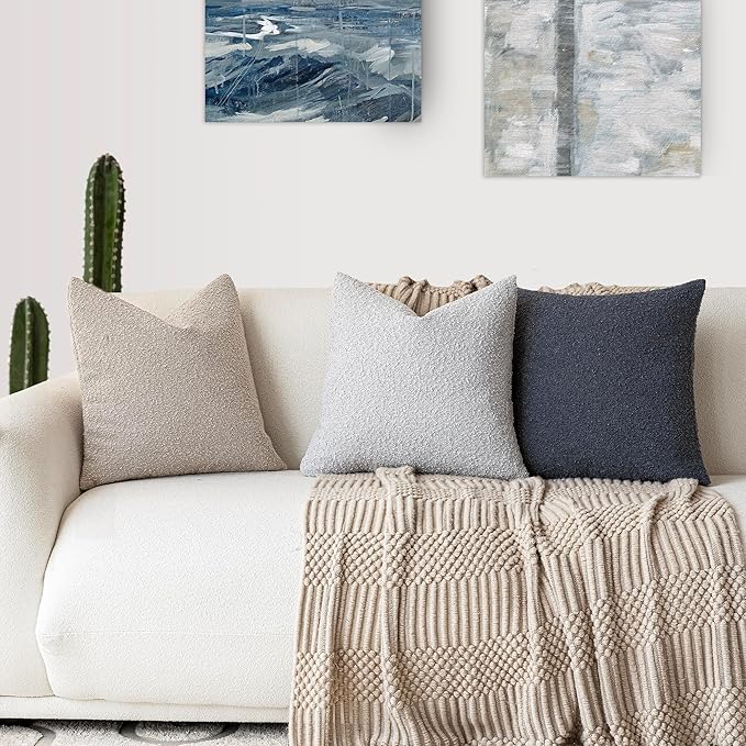 Foindtower Pack of 2 Textured Boucle Throw Pillow Covers Accent Solid Decorative Pillow Cases Cozy Woven Couch Cushion Case for Chair Sofa Bedroom Living Room Home Decor, 18 x 18 Inch,Light Grey
