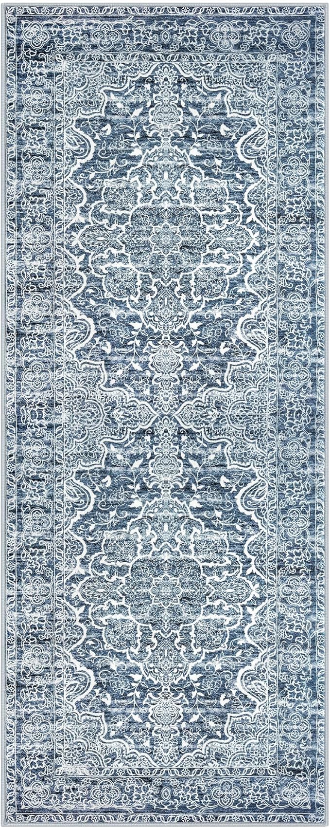 KUTA Vintage Washable Runner Rug, 2.6x8 Runners for Hallways Non-Slip Blue White Kitchen Rugs Ultra Soft Printed Tribal Floor Carpet for Bedroom Living Room Nursery Playroom