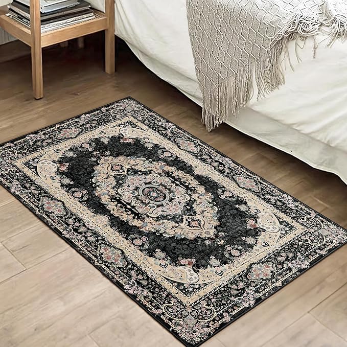 Small Rugs 2x3,Black Rug for Entryway Bathroom Bedroom Kitchen Entrance Doormat,Boho Vintage Bohemian Distressed Washable Accent Floor Throw Carpet Non Slip,Floral