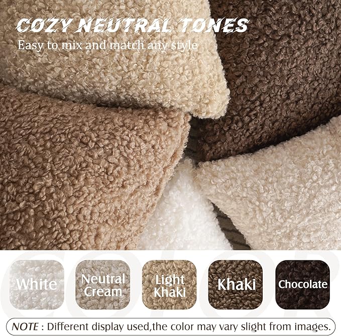 Foindtower 2 Pieces 24x24 Inch Light Khaki, 100% Polyester Throw Pillow Cover Accent Sherpa Pillow Fuzzy Soft Pillowcases Sheepskin Decorative Fleece Cushion Case for Bed Couch Living Room