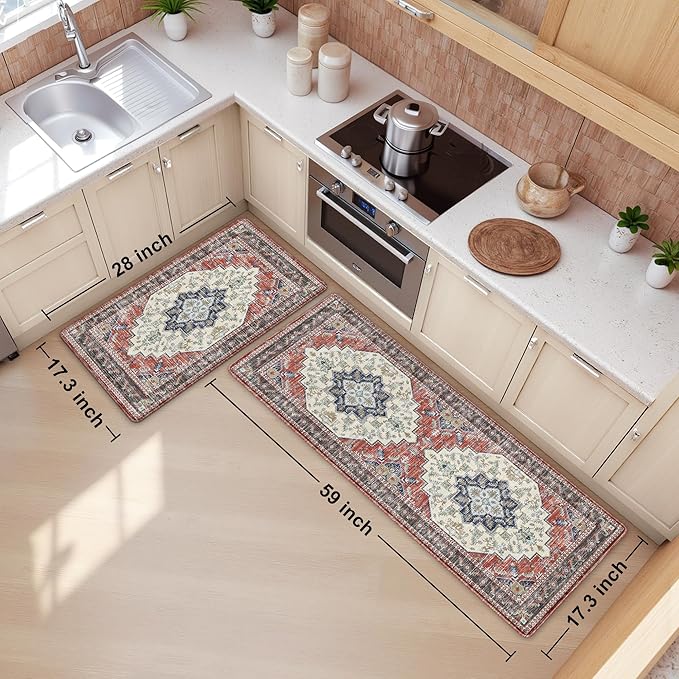 Boho Kitchen Mats for Floor 2 Piece Set Anti Fatigue Cushioned PVC Kitchen Rugs Non Slip Waterproof Farmhouse Mats 2/5 Inch Comfort Standing Mat for Sink, Laundry, 17.3"x59"+17.3"x28", Taupe Red