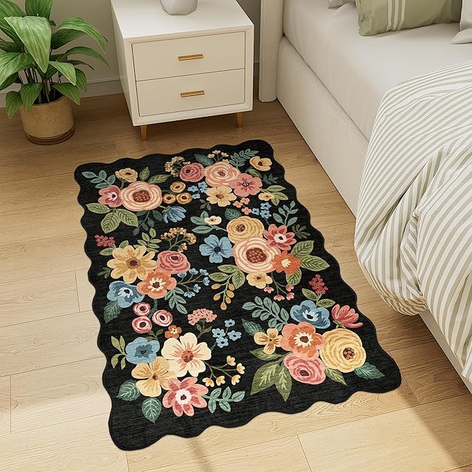 DUKINO 2x3 Entryway Rug, Floral Washable Indoor Door Mat with Non-Slip Backing, Soft Low Pile Small Front Door Throw Rugs for Entryway, Kitchen, Bedroom, Laundry, Bathroom,Black