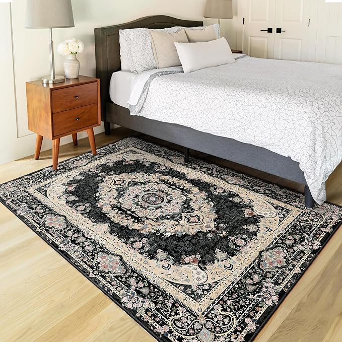Black Rug 3x5,Washable Area Rugs for Bedroom Living Room Kitchen Entryway,Small Boho Vintage Bohemian Distressed Non Slip Carpet,Floral