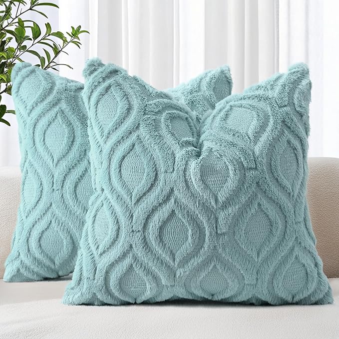 decorUhome Throw Pillow Covers 16x16 Inch Set of 2, Soft Plush Faux Wool Aqua Solid Couch Pillow Covers, Accent Farmhouse Neutral Square Pillow Cases for Sofa Bed Living Room