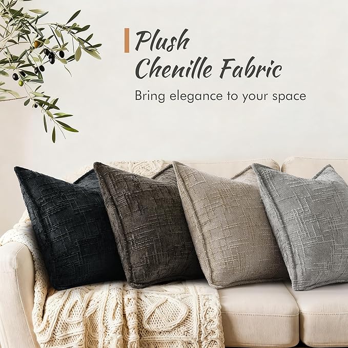 decorUhome Chenille Throw Pillow Covers 18x18 Set of 2, Thick Textured Slubby Neutral Decorative Pillow Covers with Elegant Design for Couch, Sofa, Living Room, Chocolate