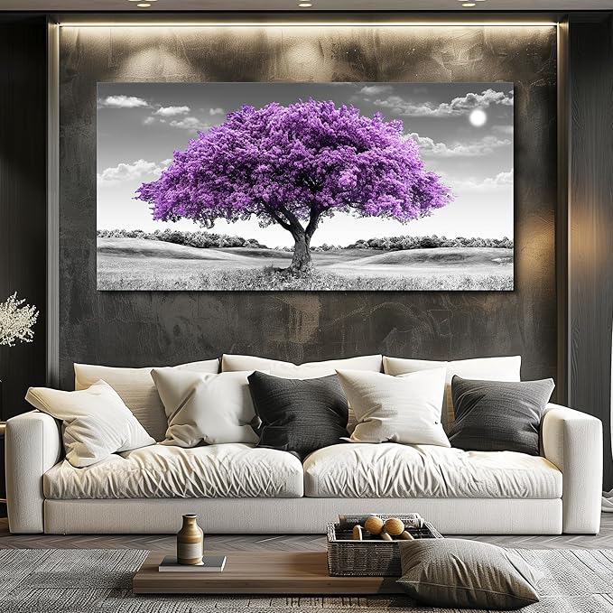 Large Canvas Wall Art for Living Room Wall Decor for Office Aesthetic Bedroom Wall Decorations Purple Tree Landscape Painting Black and White Pictures Artwork Room Modern Home Decor