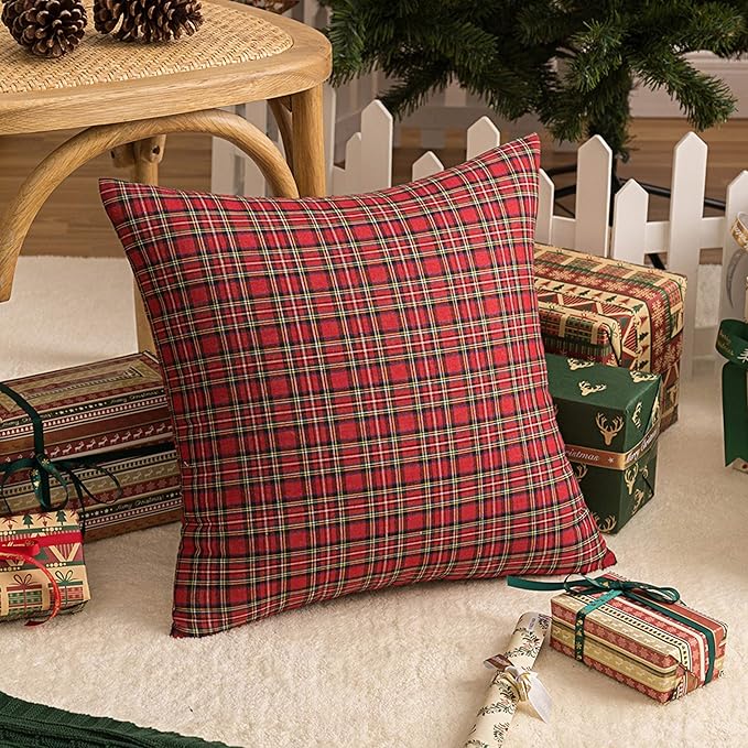 AQOTHES Pack of 2 Christmas Plaid Decorative Throw Pillow Covers Scottish Tartan Cushion Case for Farmhouse Home Holiday Decor Red and Green, 24 x 24 Inches