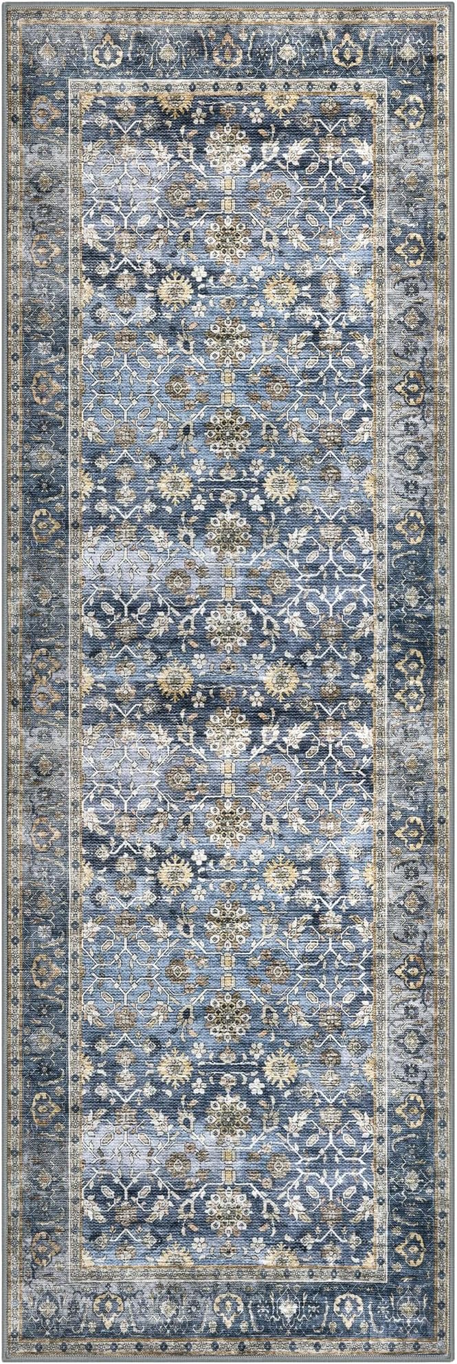 KUTA Vintage Washable Runner Rug, 2x6 Blue Grey Beige Runners for Hallways Non-Slip Kitchen Rugs Ultra Thin Soft Printed Oriental Floral Floor Carpet for Laundry Bedroom Living Room Nursery