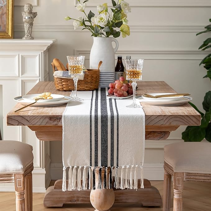 Boho Table Runner for Modern Farmhouse Decor, Dining Table décor 13 x 108 Inch Long, Coffee Table Runner with Handcrafted Tassels, Black and Beige, for Home Bohemian Decoration