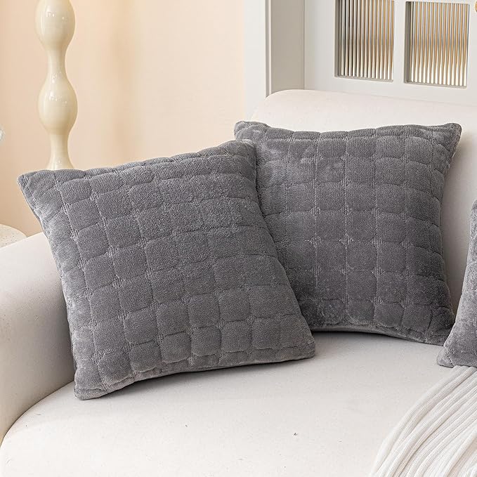 Velvet Throw Pillow Covers(Pack of Two, Dark Grey) 20×20 Inch Decorative Pillows Cover Neutral Soft Chenille Couch Pillows with Zipper Aesthetic for Living Room and Bedroom