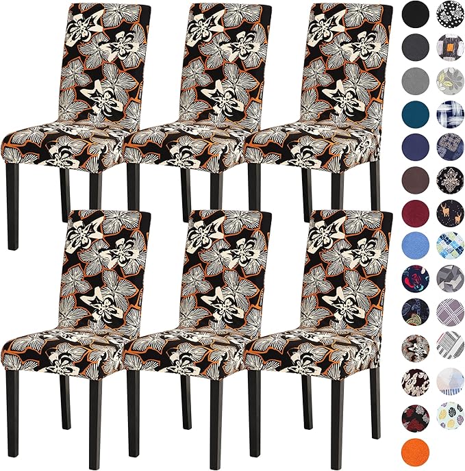 Sufdari Dining Chair Covers,Kitchen Chair Cover,Parsons Chair Slipcover,Spandex Chair Protectors for Dining Room Stretch Chairs Cover Set of 6 -Black Cream Floral