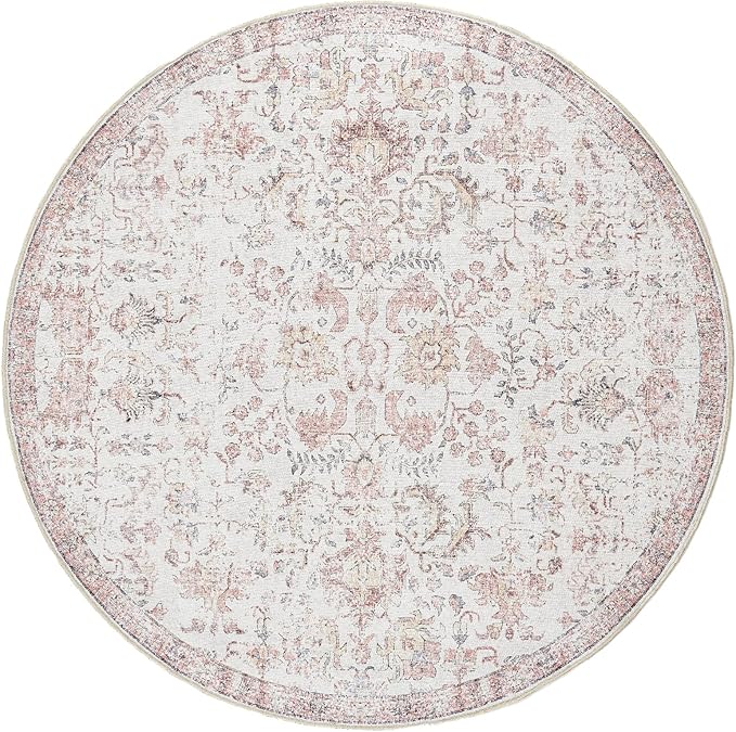 jinchan Kalen Round Rug 6ft Area Rug Washable Vintage Indoor Retro Accent Floor Cover Distressed Floral 6' Round Circle Boho Non Slip Thin Carpet for Living Room Dining Room Bedroom Kitchen Red