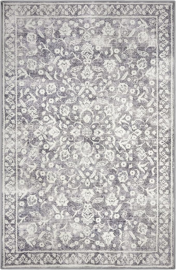 Vintage Entryway Rug, Gray Ivory 2x3 Washable Non-Slip Carpet, Soft Thin Faux Wool Small Area Rug for Front Door, Kitchen, Bedroom, Foyer