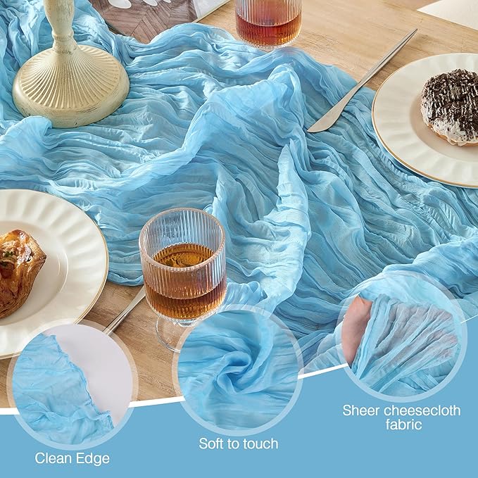 6 Pack Cheesecloth Table Runner 120 Inch Boho Rustic Gauze 10 FT Light Blue Cheese Cloths Table Runners Decorations for Spring Summer Birthday Party Baby Shower Wedding Holiday Home Decor