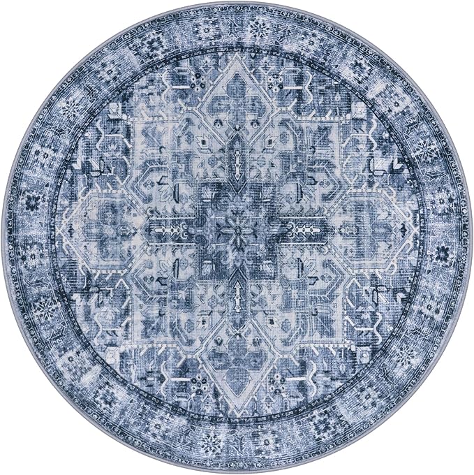 6' Round Washable Rug for Entryway, Blue Soft Printed Area Rug, Non-Slip Kitchen Rugs, Low-Pile Medallion Indoor Door Mat, Small Farmhouse Carpet for Entrance Kitchen Foyer Bedside