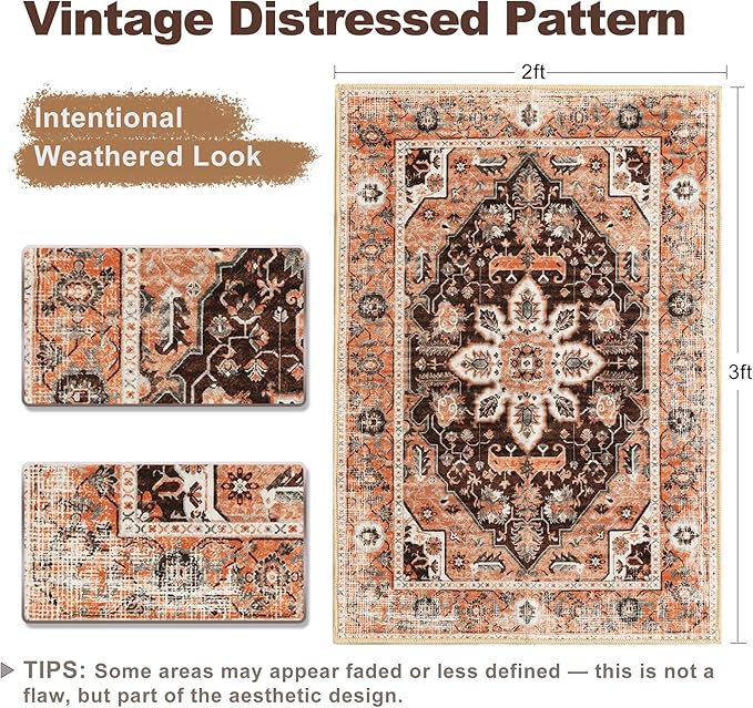 XWZO Entryway Area Rug 2x3ft — Soft Vintage Low Pile Non-Slip Backing Door Mat for Bedroom Bathroom Kitchen Laundry, Spill Resistant Washable Small Indoor Carpet for Doorway & Entrance, Brick Red