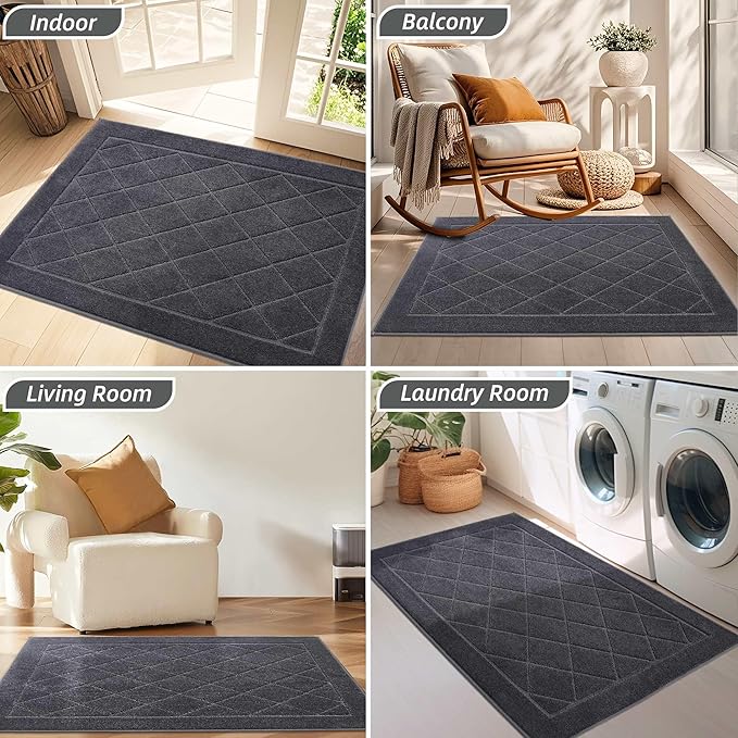BEQHAUSE Dirt Trapper Door Mat 20" x 32", Doormat Non-Slip Entryway Rugs Washable, Dog Door Mat Stain Resistant and Absorbent Welcome Floor Mat for Front Back Door, Muddy Wet Shoes & Paws, Dark Grey