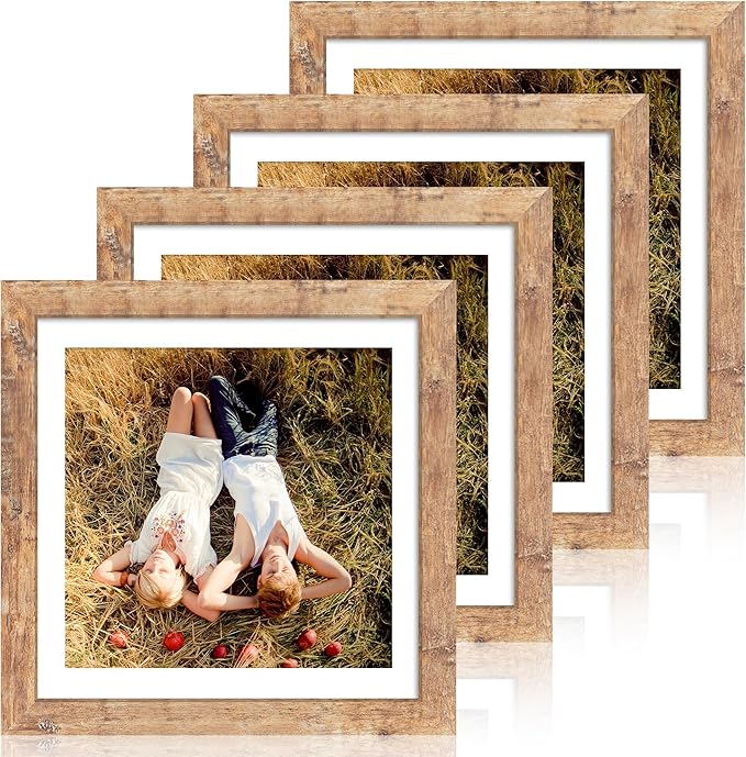iRahmen 12x12 Picture Frame Set of 4 with Tempered Glass, Rustic Brown Frame Display 10x10 Pictures with Mat or 12 x 12 Without Mat, Wood Square Photo Frames for Desktop Display and Wall Mounting