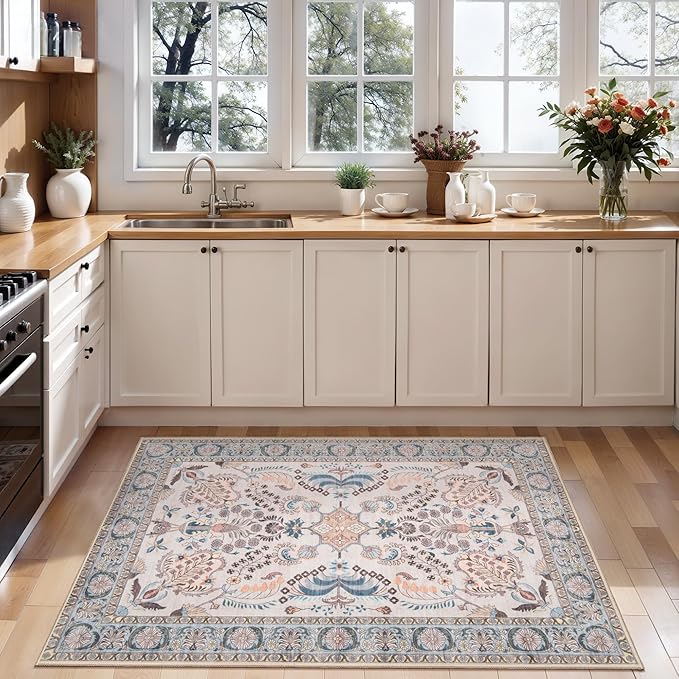 Tangsoo 2x3 Small Rug for Entryway, Washable Area Entry Rug Non Slip, Persian Neutral Low Pile Soft Area Rugs, Indoor Front Door Boho Floral Throw Rugs for Entrance Kitchen Bedroom Bathroom Home Decor