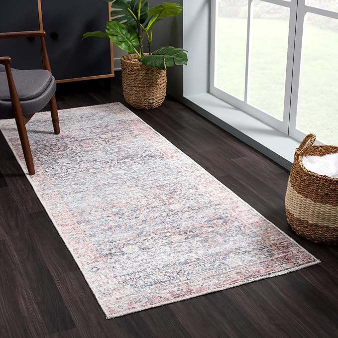 Bloom Rugs Caria Washable Non-Slip 12 ft Runner - Ocean Blue/Brick Traditional Runner for Entryway, Hallway, Bathroom, and Kitchen - Exact Size: 2'6" x 12'