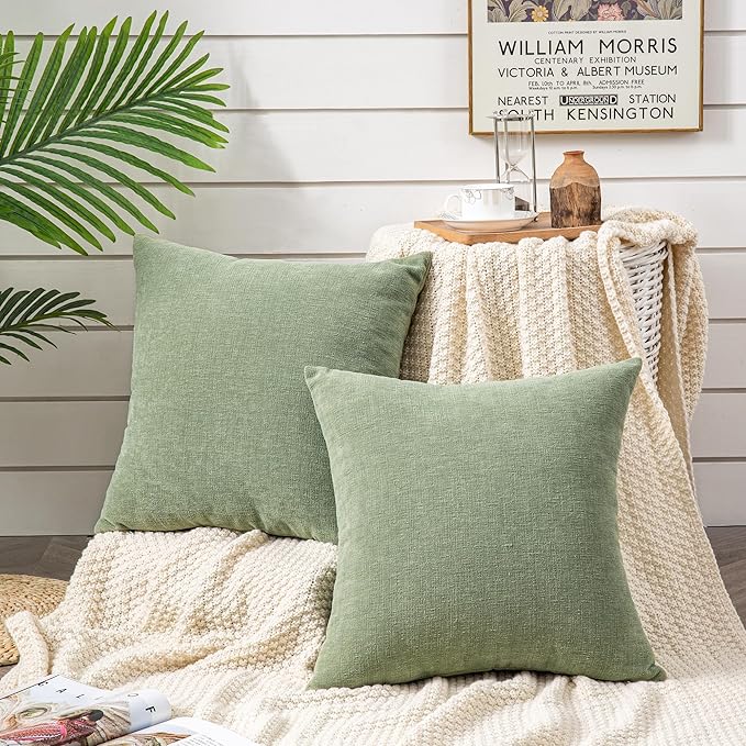 GAWAMAY Decorative Square Sage Green Throw Pillow Covers 20"x20" Inch Set of 2, Super Soft Chenille Pillows Cover, Farmhouse Fall Pillowcase for Living Room Bedroom Sofa Couch Cushion Cover 50x50cm