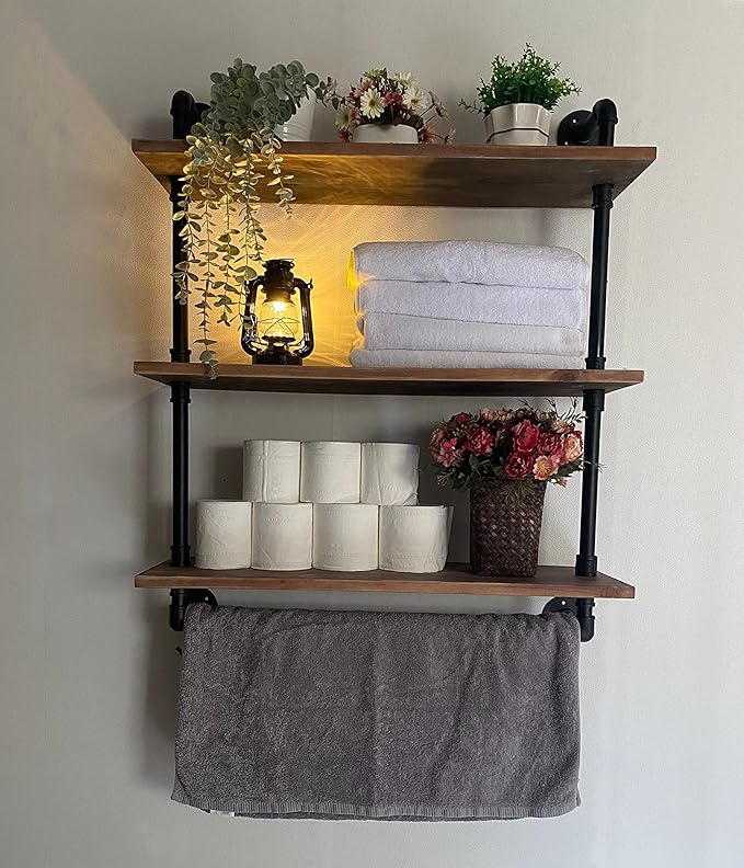 ROGMARS Industrial Floating Pipe Wall Shelves with Towel Rack,30 in Industrial Pipe Shelving Rustic Wine Hanging Display Rack Storage Shelve Wall Mounted for Living Room,Bathroom,Kitchen