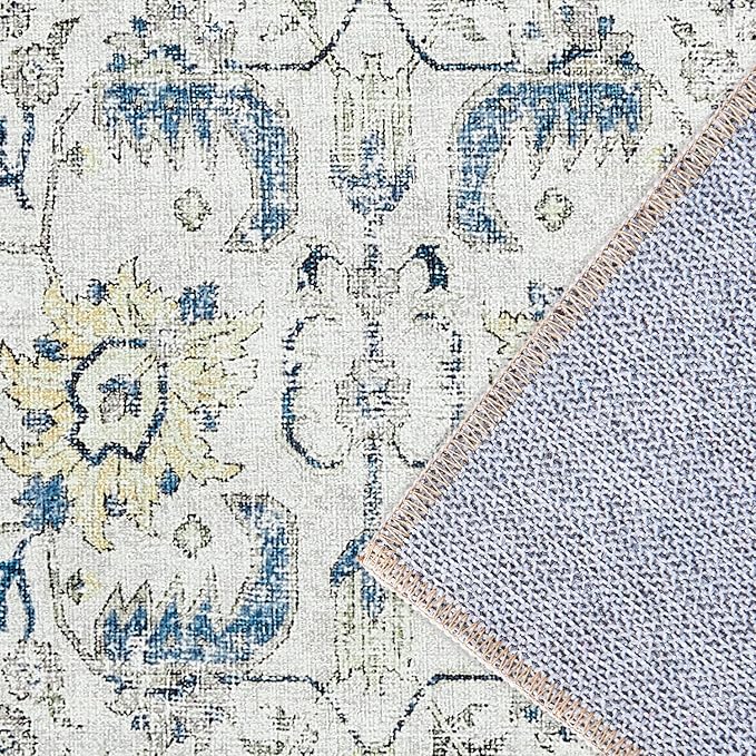 jinchan Kalen Area Rug 3x5 Washable Entryway Rug Vintage Door Mat Indoor Entrance Thin Retro Distressed Floral Doormat Country Boho Lightweight Non Slip Carpet for Bathroom Kitchen Bedroom Blue Multi