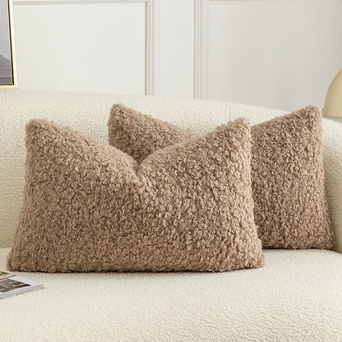 Pack of 2 Curly Teddy Wool Faux Fur Throw Pillow Covers Fuzzy Accent Soft Sherpa Pillowcases Sheepskin Fleece Decorative Cushion Case for Sofa Couch Living Room 12x20 Inch Khaki