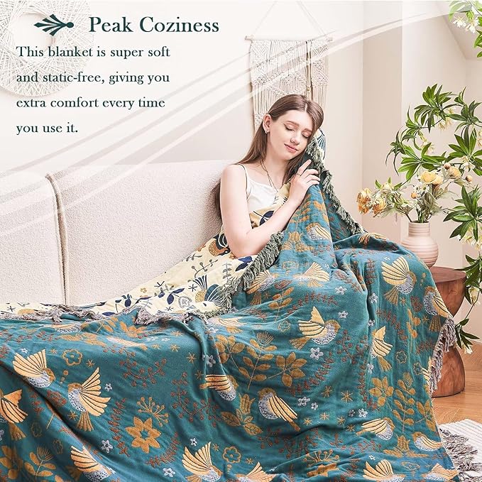 Boho Throw Blanket, 100% Cotton Ultra Soft Luxury Fall Throw Rustic Quilt, 50"x60" Floral Printed Farmhouse Decor Bed Summer Blankets, All Season Rustic Reversible Bohemian Throw for Bed