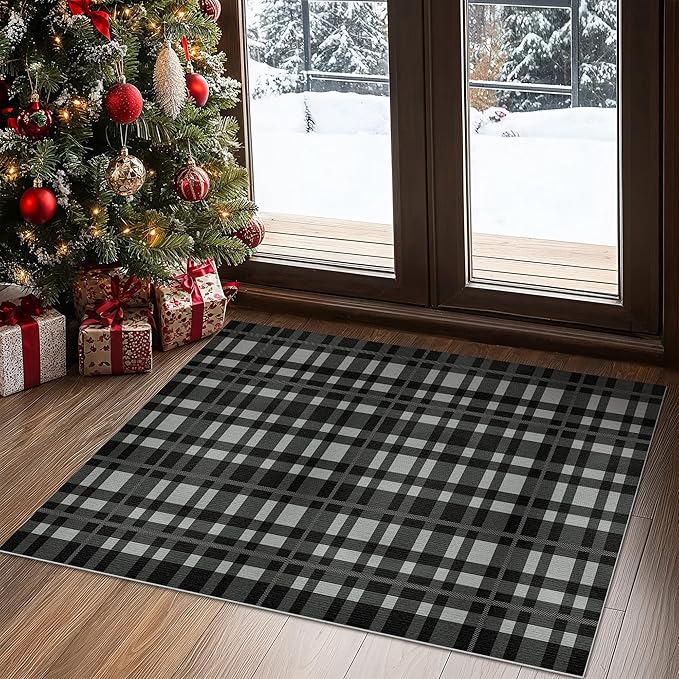 GENIMO Checkered Rug 27.5x44 inches Black and White Fine Plaid Outdoor Rug Buffalo Plaid Rugs Mat Fall Doormats Washable Rug for Front Porch Decor Indoor Entrance Patio Balcony Entryway