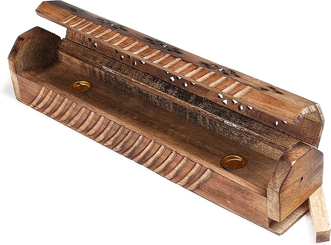 The Wooden Town Hand-Carved Coffin Incense Stick & Cone Burner Holder with Storage – Ash Catcher Stand, Burnt Finish – 12"x2.25"x2.75", Wooden Incense Holder for Sticks & Cones