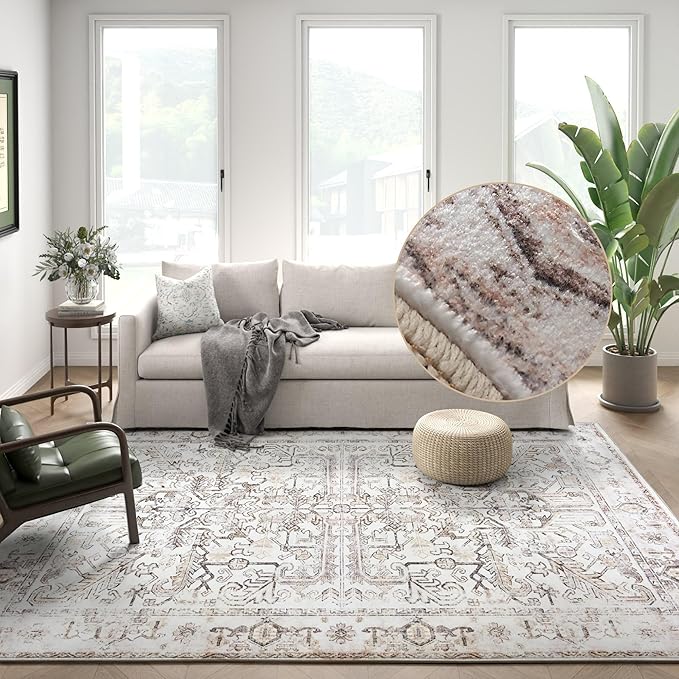 jinchan Lima 8x10 Area Rug for Living Room Washable Soft Rug Ultra-Thin Stain Resistant Non-Slip Distressed Vintage Floral Large Carpet for Bedroom Dining Room Home Office Nursery (8x10ft, Taupe)