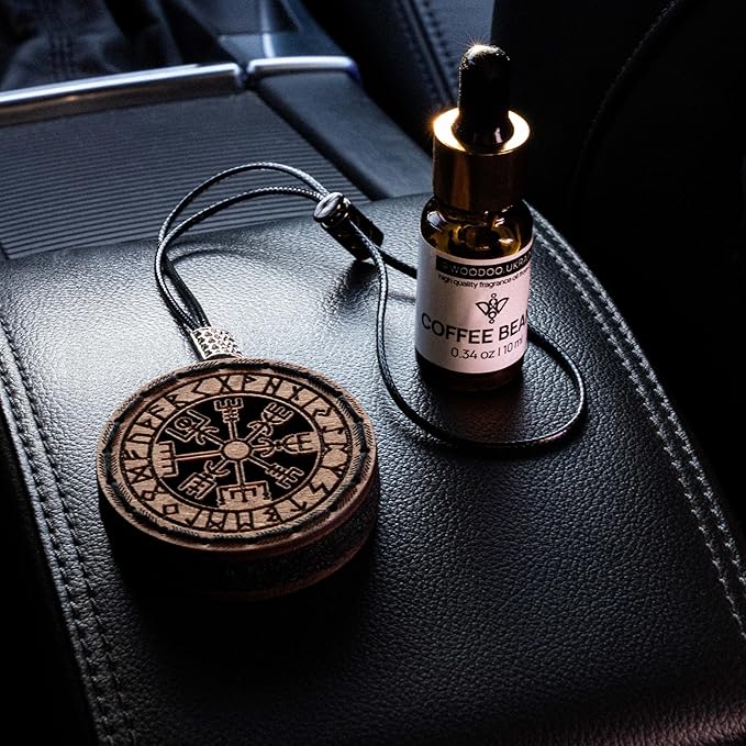 Wood Car Air Freshener — Handmade Car Air Freshener — Vegvisir Designed Fragrance Oil Diffuser in Wooden Gift Box — Aromatherapy Gift Set with Mountain Rain Fragrance Oil - 10 ml