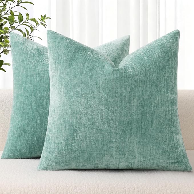 decorUhome Chenille Aqua Haze Christmas Throw Pillow Covers 16x16 Inch Set of 2, Decorative Soft Couch Pillow Covers Solid Dyed Accent Farmhouse Neutral Square Pillow Cases for Sofa